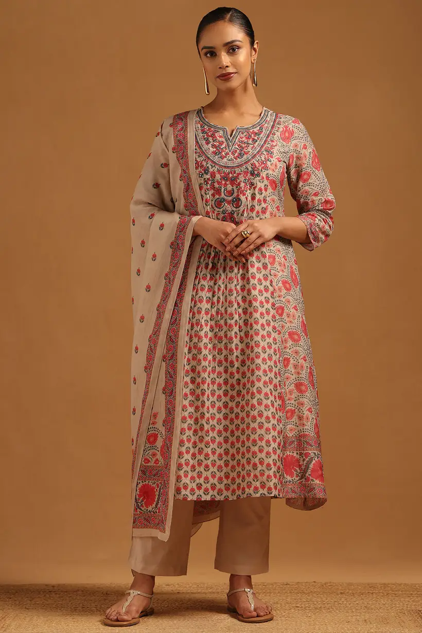 Beige Mul Chanderi Botanical Salwar Suit With Hand Embroidery and Bead Details
